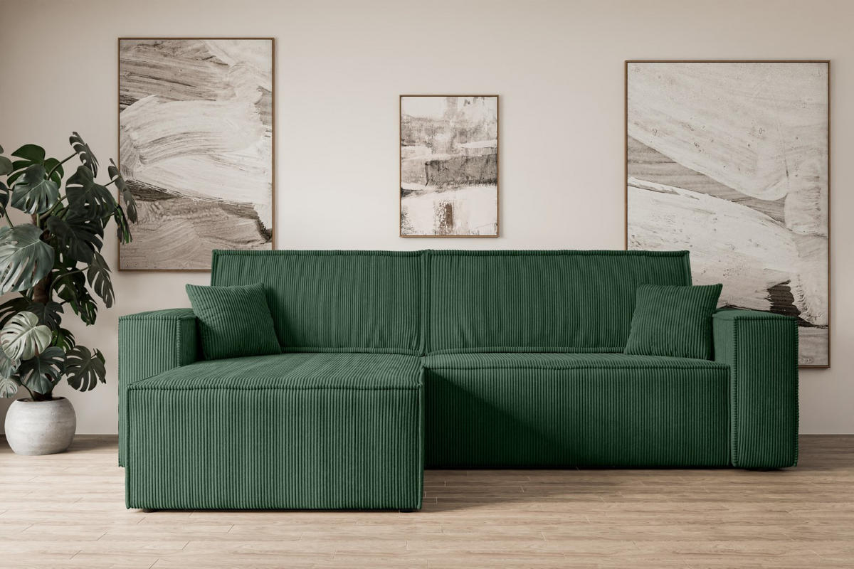 ECKSOFA mit Schlaffunktion und Bettkasten CELTIC-XL - 277x143x83 cm Grün Cord - Schwarz/Grün, Holzwerkstoff/Kunststoff (277/143cm) - ALTDECOR