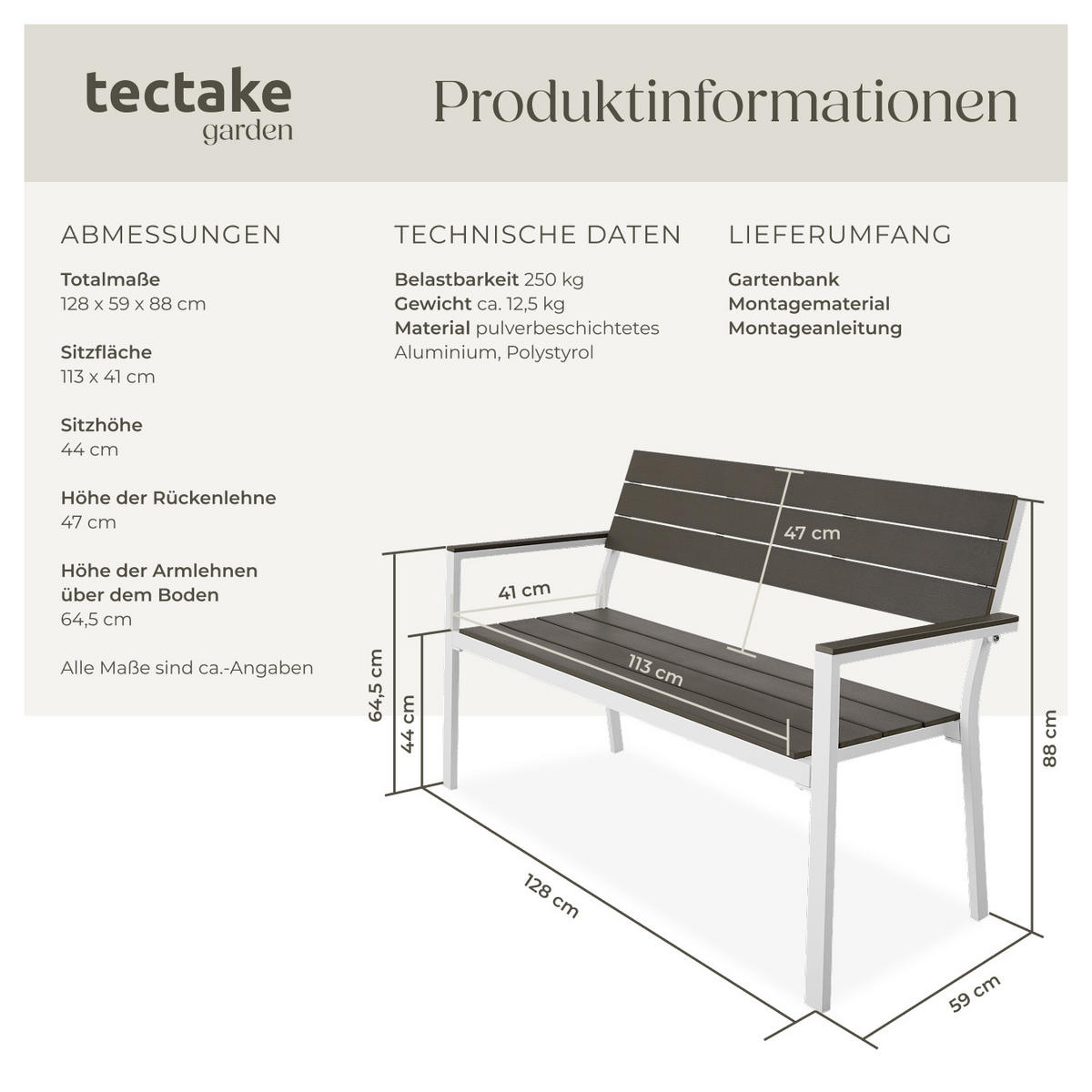 GARTENBANK Line,128 x 59 x 88 cm,hellgrau/weiß - Hellgrau/Weiß, Metall (59/88/128cm) - tectake