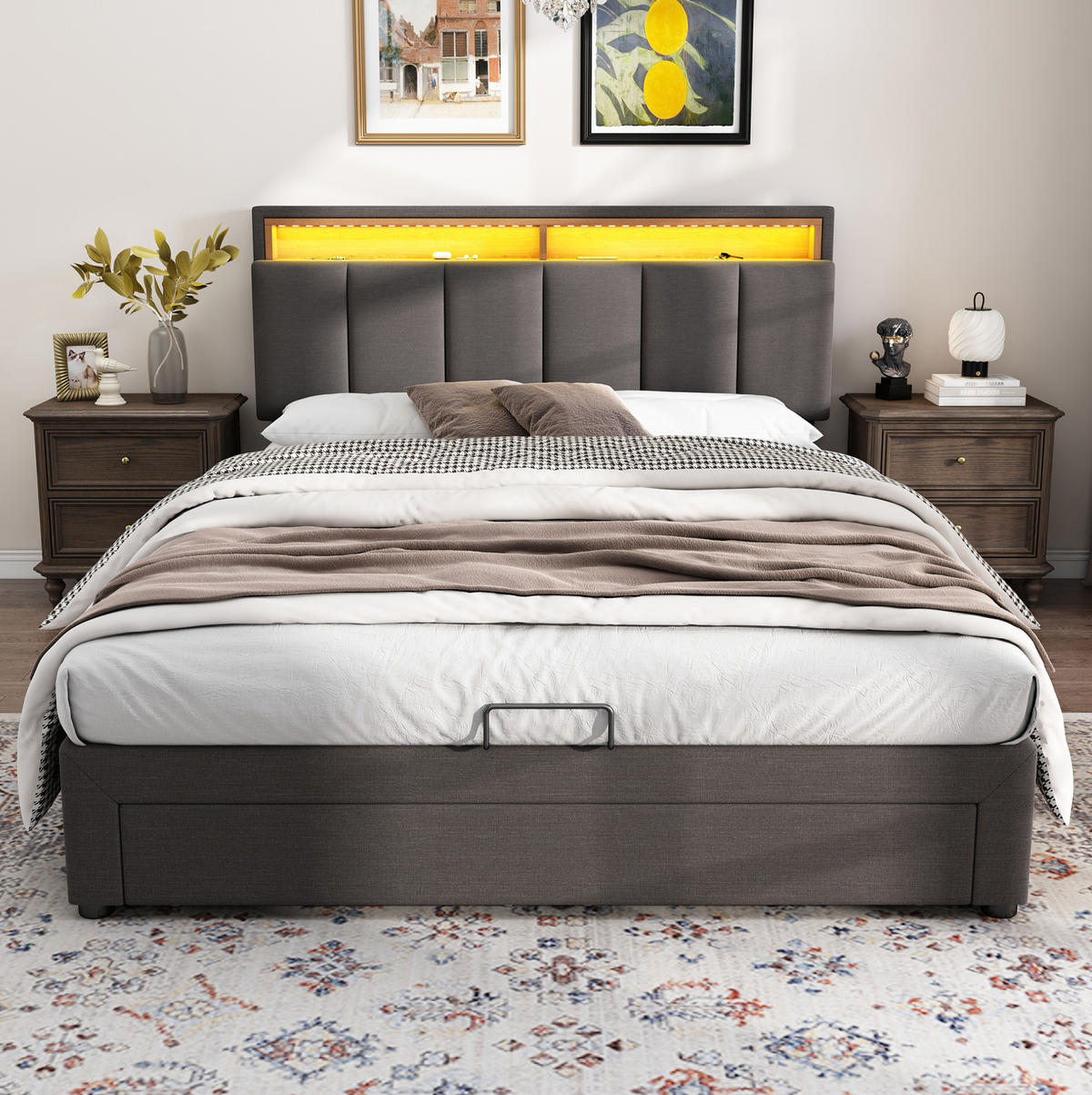 POLSTERBETT 140/200 cm Grau aus Leinen mit LED-Beleuchtung und Stauraum - Grau, Textil (140/200cm) - Flora Grace