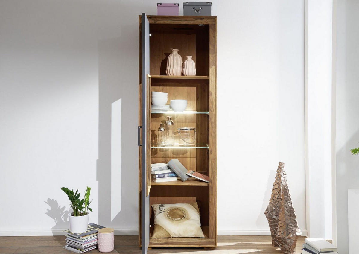 VITRINE Sheesham 66x40x201 gebeizt TURIN #01 - Braun, Holz (66/201/40cm) - Massivmoebel24