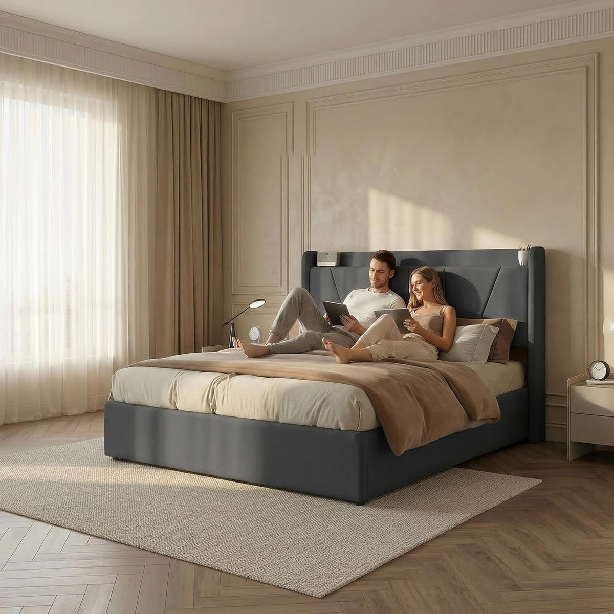 DOPPELBETT in Grau mit USB-Ladefunktion & Stauraum, Leinen - Grau, Holz/Metall (140/200cm) - PARAFTA HOME