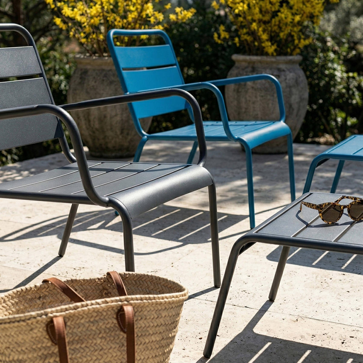 RELAXSESSEL MIT HOCKER 2-tlg., Grau/Pazifikblau - Blau, Metall (64/72/60cm) - Oviala