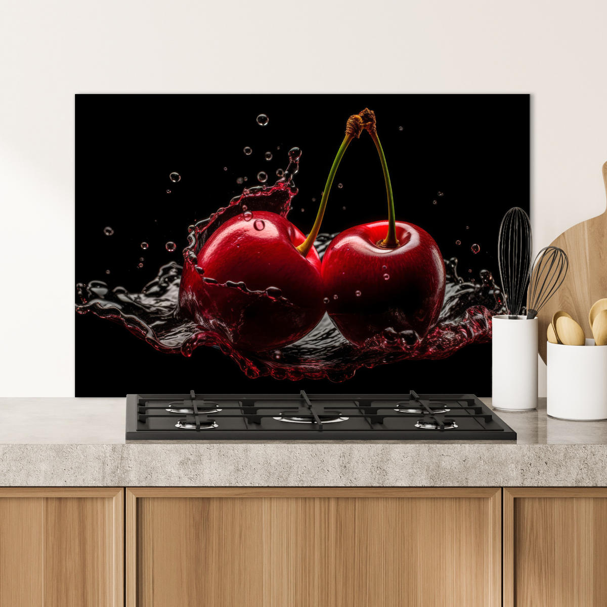SPRITZSCHUTZ KÜCHE Kirsche - Rot - Frucht - Wasser - Schwarz 90x60 cm - Kirschrot, Metall (90/0.3/60cm) - MuchoWow