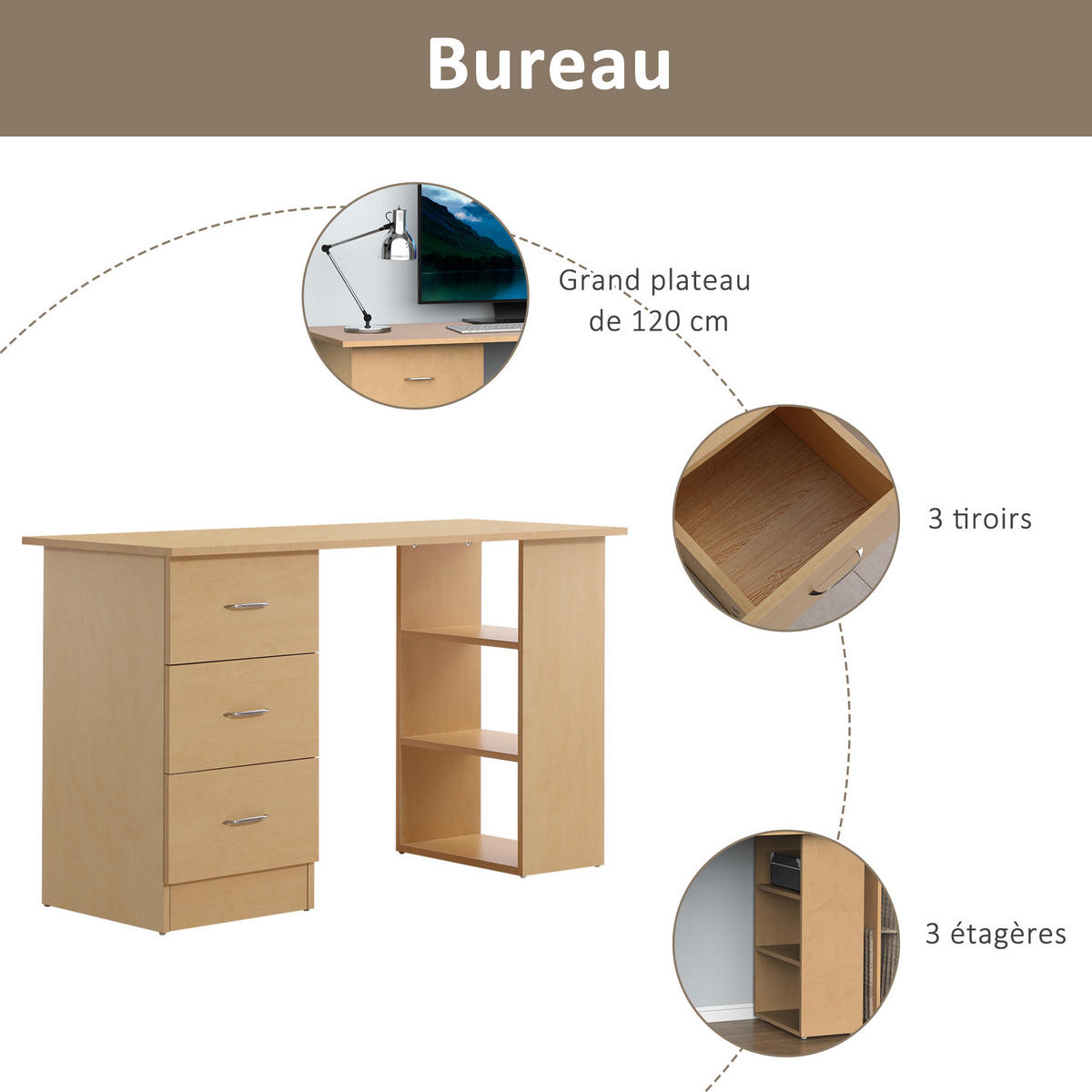 SCHREIBTISCH Hellholzoptik mit Schubladen und Regalfächern 120/49/72 cm - Naturfarben, Holz (49/120/72cm) - PANGIVO
