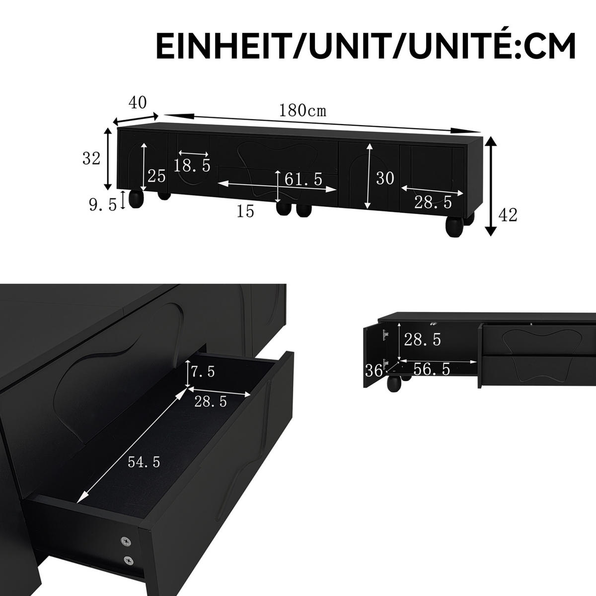 TV-ELEMENT mit Stauraum 180 cm Schwarz mit Holzbeinen - Schwarz, Holzwerkstoff (40/42/180cm) - Beauniv