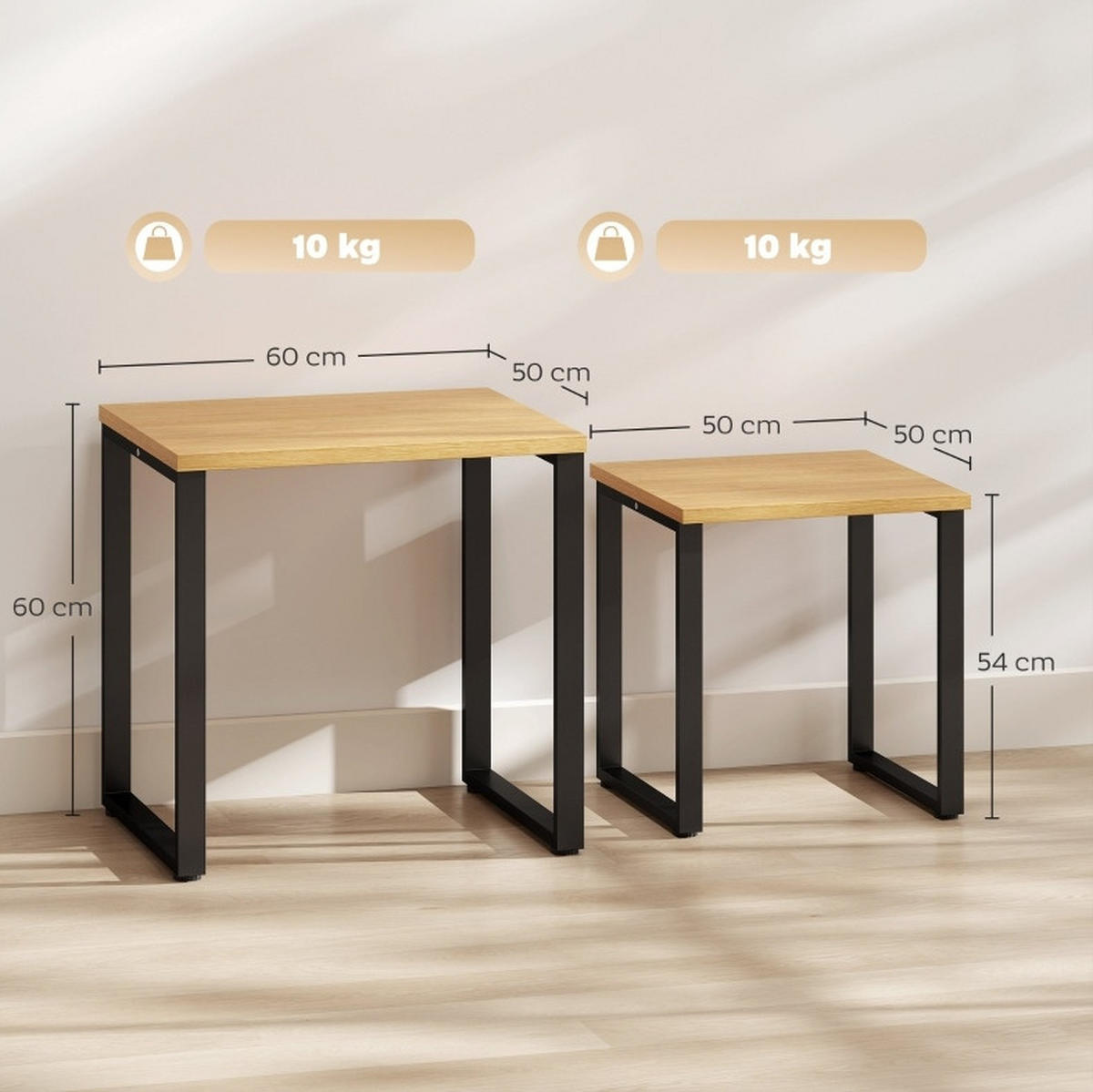 COUCHTISCH 2er-Set 60/50/60 cm & 50/50/54 cm in Natur mit Metallrahmen - Naturfarben, Holz (60/50/60cm) - Flora Grace