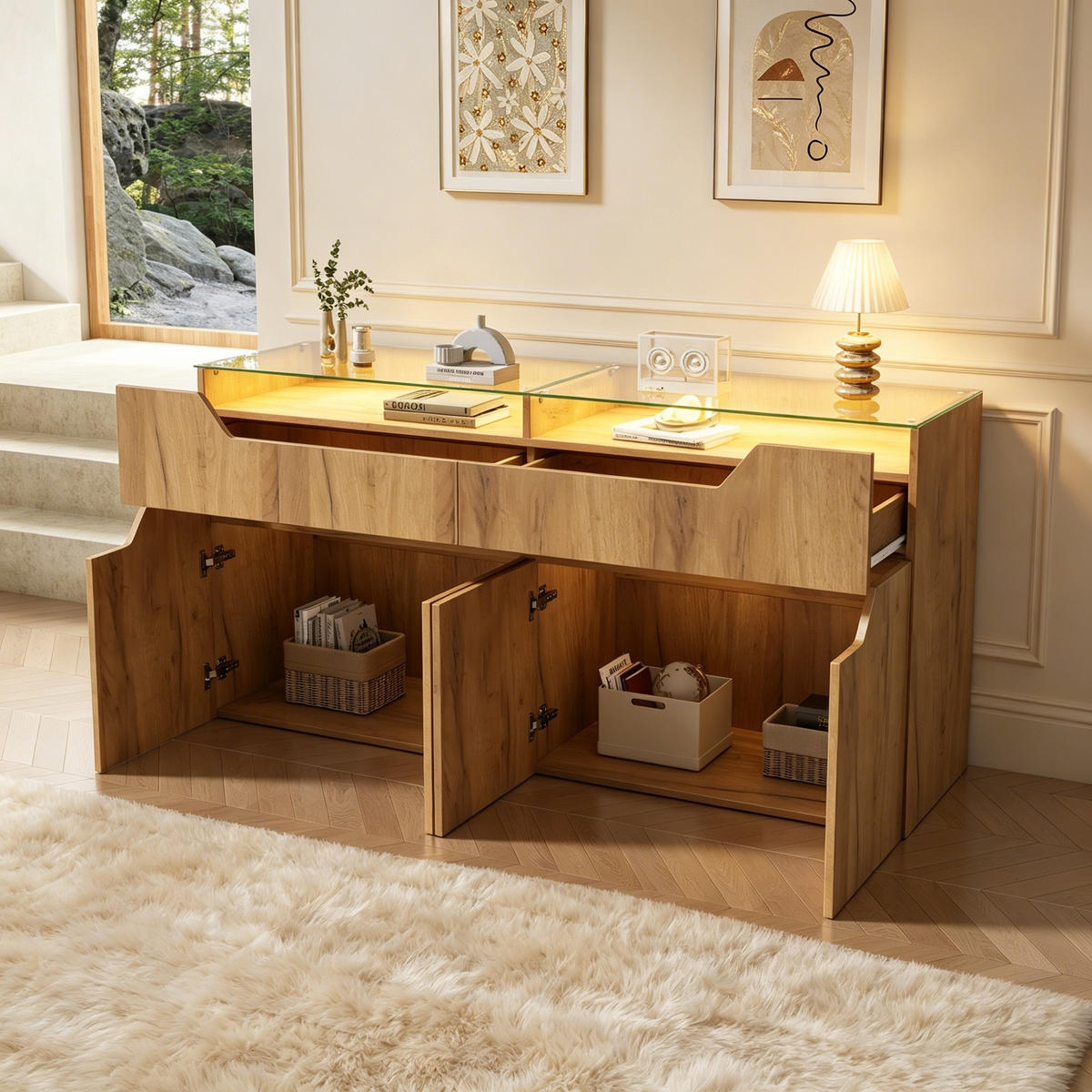 SIDEBOARD in Holzoptik Aufbewahrungsschrank mit 2 Schubladen und gehärteter Glasplatte, 140/40/70cm,für Esszimmer & Wohnzimmer - Naturfarben, Glas/Holzwerkstoff (140/70/40cm) - STILVORA