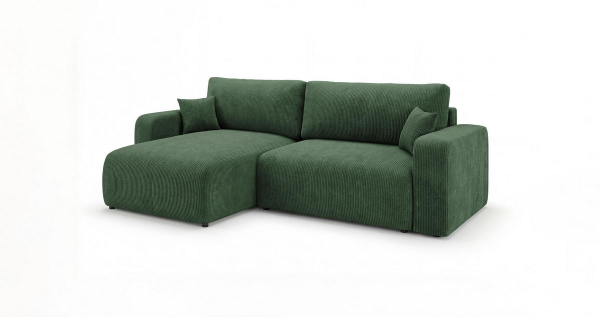ROHOVÁ pohovka BERLIN pravá zelená manšestr Poso 14 - funkce spaní, úložný prostor - zelená barva, textil (285/184cm) - Cornero