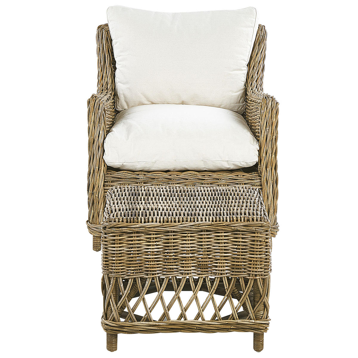 GARTENSESSEL 2er-SET mit Hocker Rattan natürlich Auflagen cremeweiß Ribolla - Beige/Naturfarben, Naturmaterialien (66/78/70cm) - Beliani