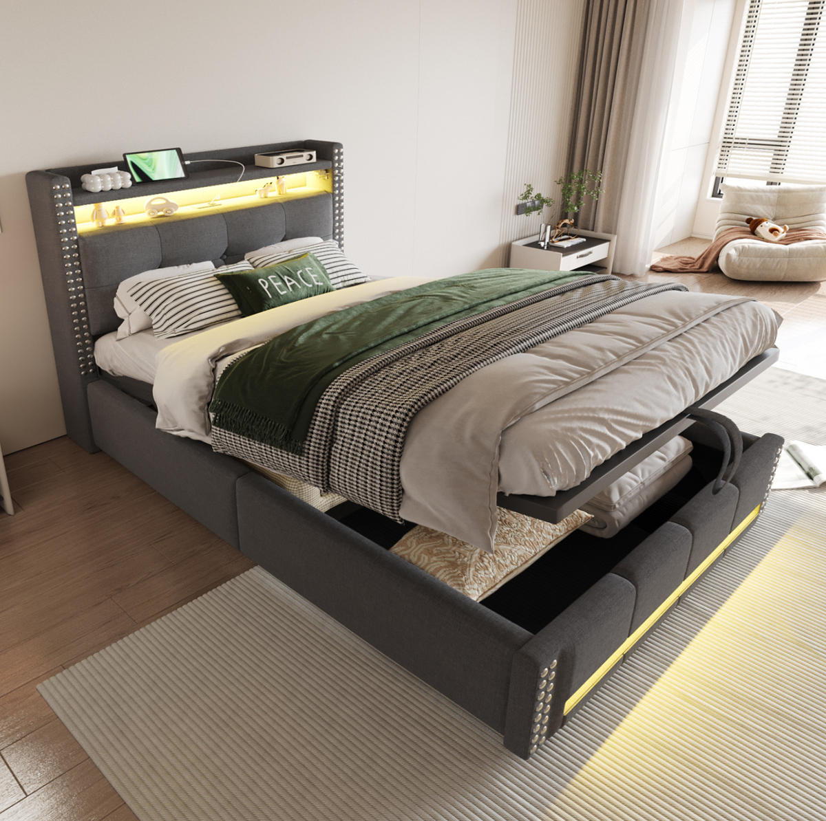POLSTERBETT 90/200 cm Grau mit LED-Beleuchtung, USB-Anschluss und Stauraum - Grau, Textil (90/200cm) - Flora Grace