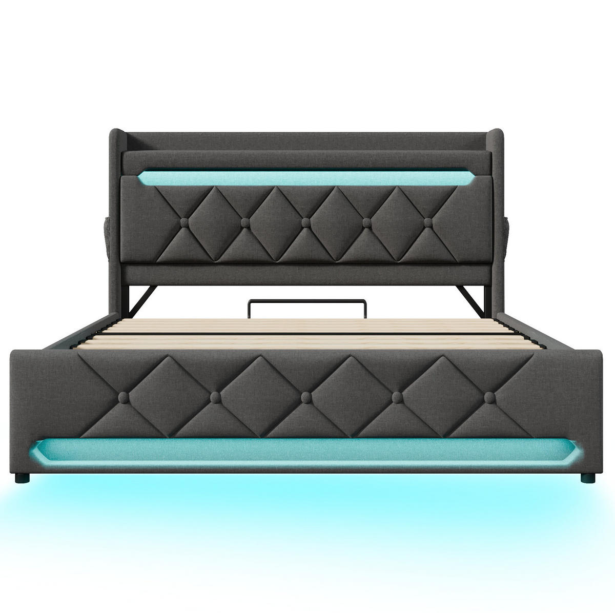 POLSTERBETT 160/200 cm Grau aus Leinen mit Bettkasten, LED und USB-Ladefunktion - Grau, Textil (160/200cm) - Flora Grace