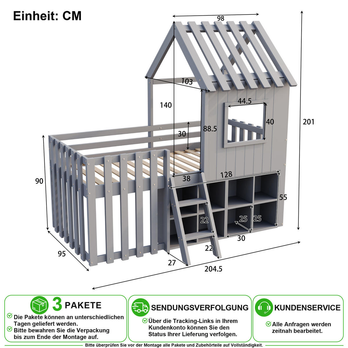 HOCHBETT 90/200 cm in Grau mit Dach, Fenstern und Stauraum aus Massivholz - Grau, Holz/Holzwerkstoff (90/200cm) - CHICFURN