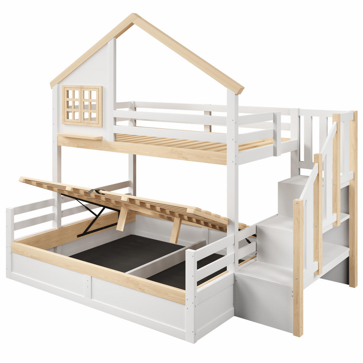 ETAGENBETT 90/200 cm und 140/200 cm mit hydraulischem Stauraum, Bettgitter und Hausdesign, Weiß/Natur - Weiß, Holz (90/200cm) - Redom