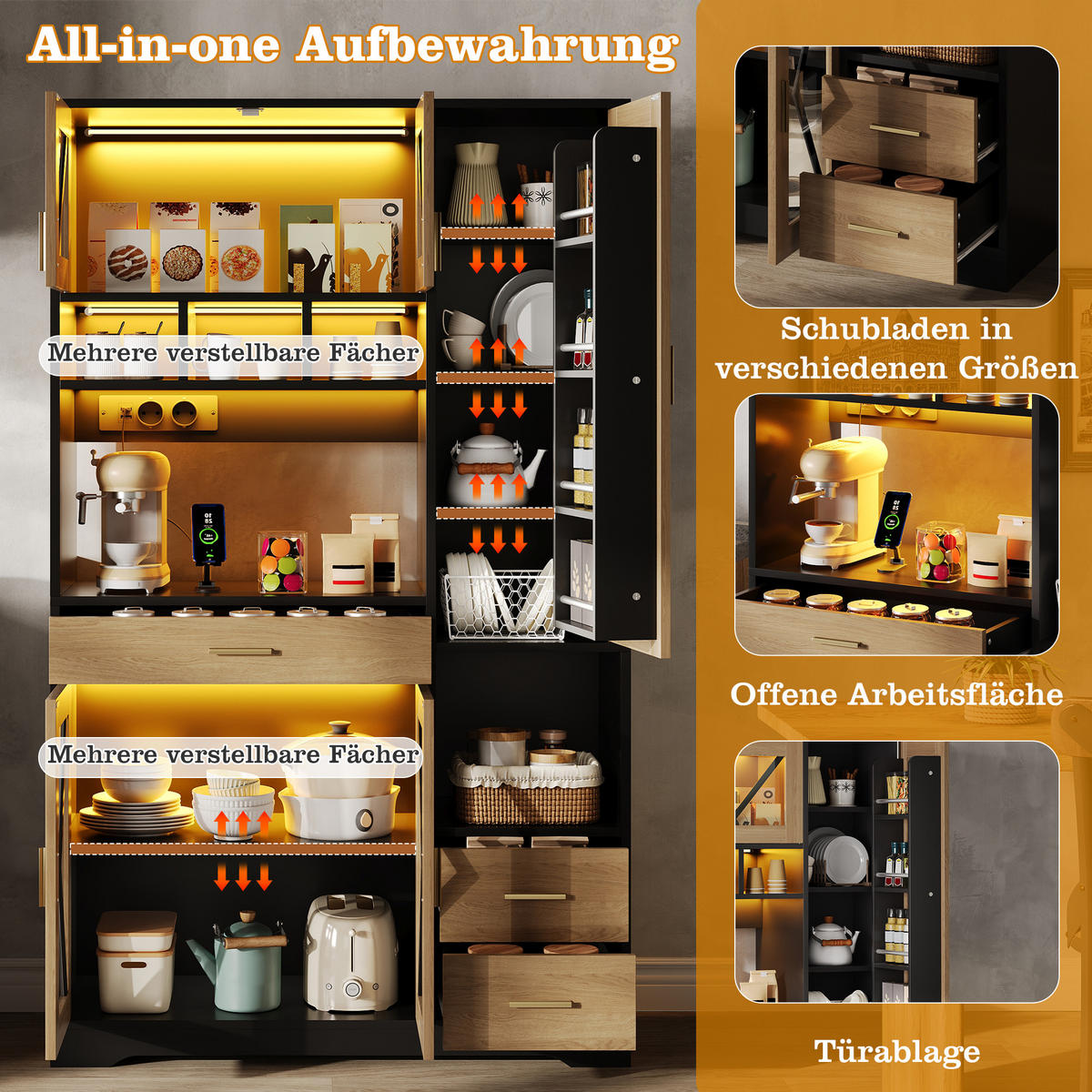 BUFFET 105/39/185 cm Natürlich mit farbwechselnder LED-Beleuchtung und 2 Schublade - Schwarz, Holz (105/185/40cm) - Oxeza