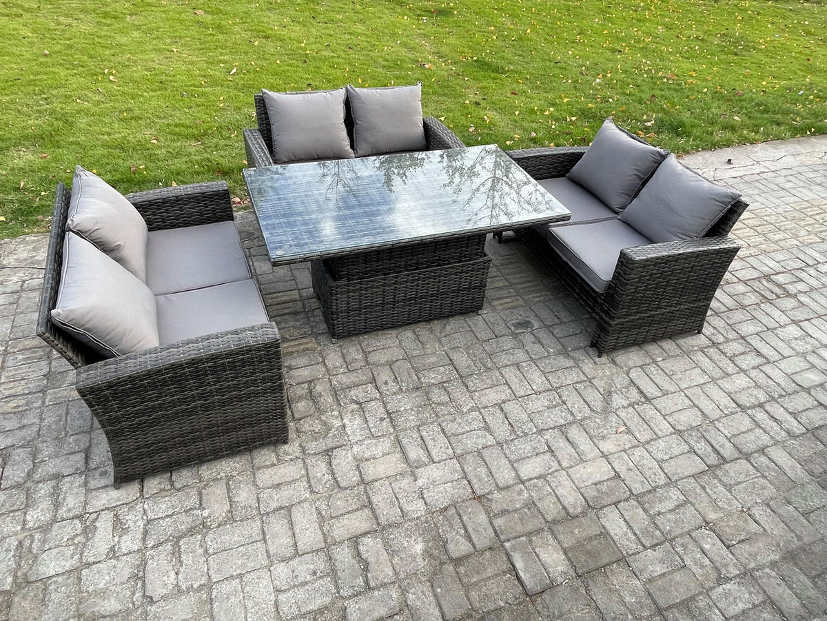 GARTENMÖBEL SITZGRUPPE MIT HÖHENVERSTELLBAREM ESSTISCH DOPPELSITZ-SOFA Polyrattan Dunkelgrau Gemischt 6-Sitzer - Dunkelgrau, Metall - Fimous