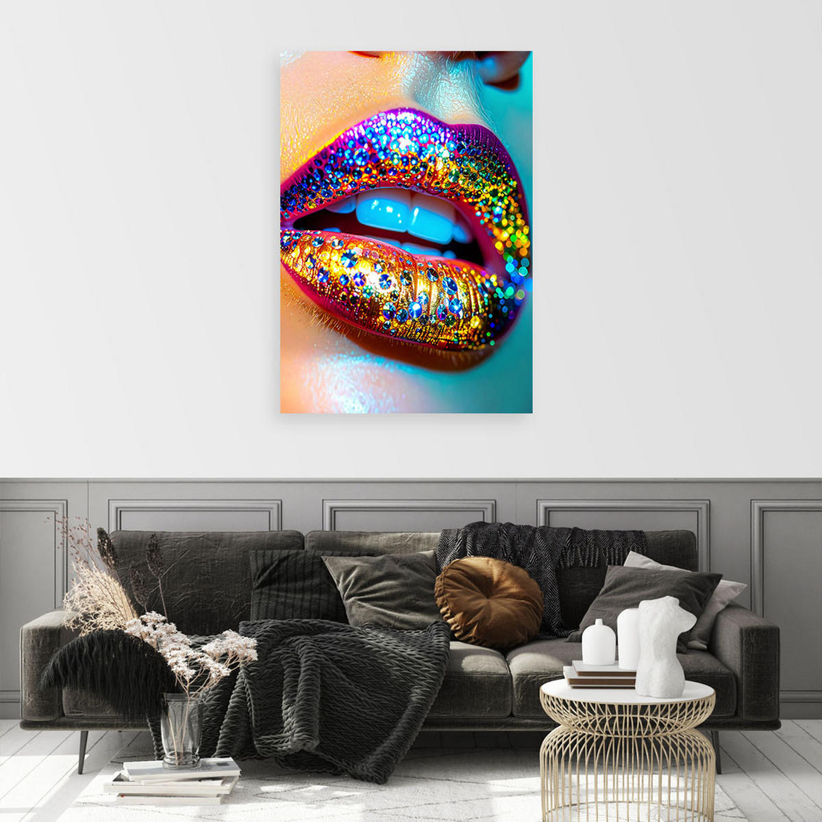 WANDBILD, Bunte glänzende Lippen - Blau, Textil (60/90cm) - Feeby