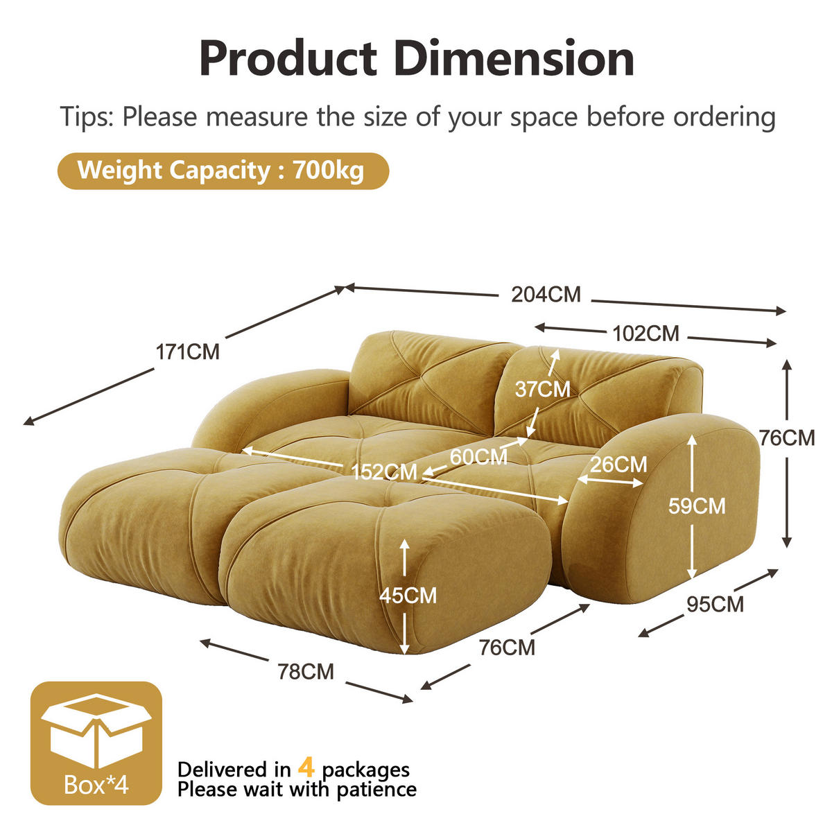 2-SITZER Sofa 204x171x76 cm aus Chenille-Stoff rahmenlos modular mit 2 Hockern, gelb - Gelb, Textil (171/76/204cm)