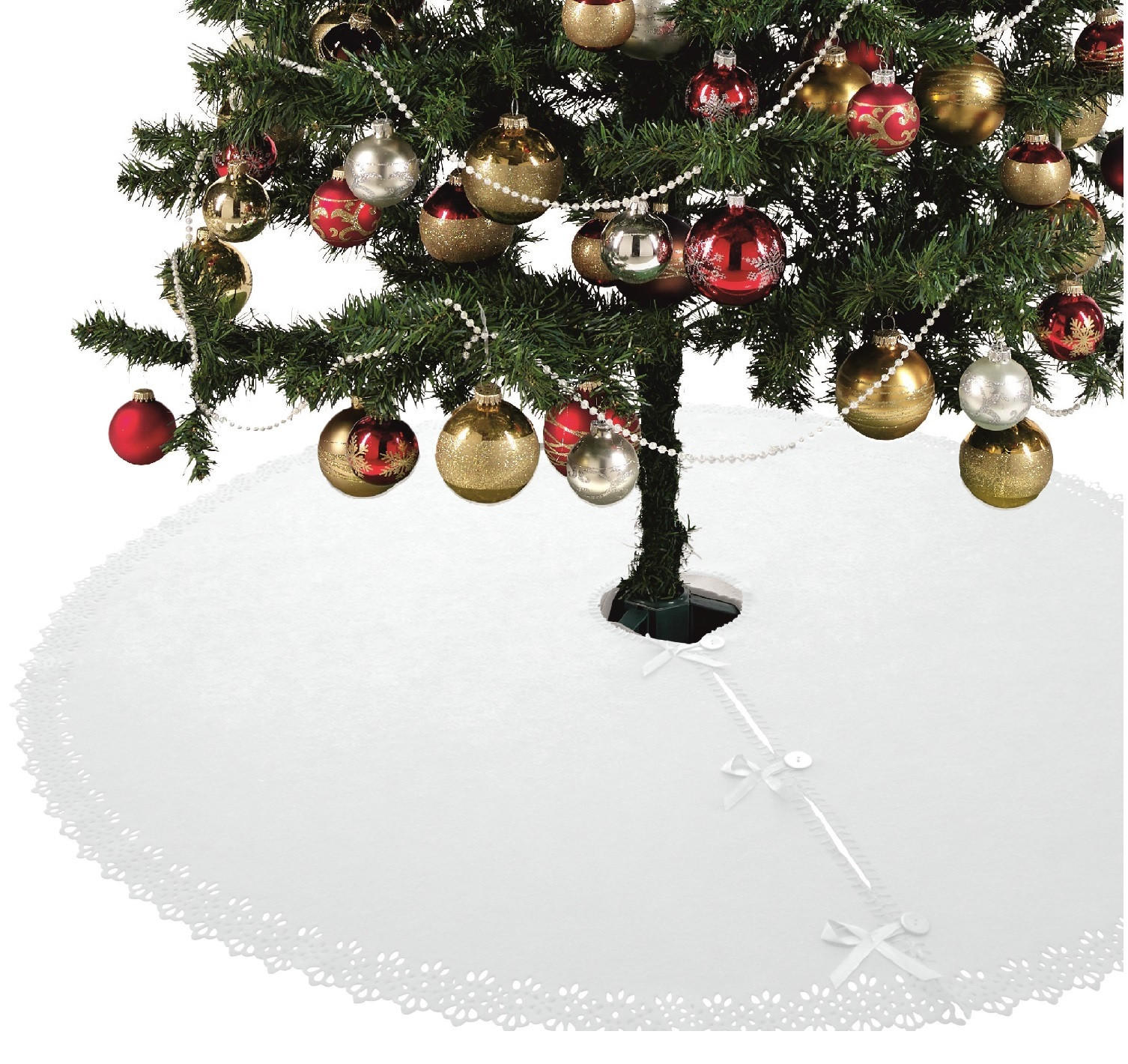 BAUMUNTERLAGE Weihnachtsbaum-Decke weiß 120 cm rund mit Knöpfen und Satin-Schleifen - Weiß, Textil (120/120cm) - wometo