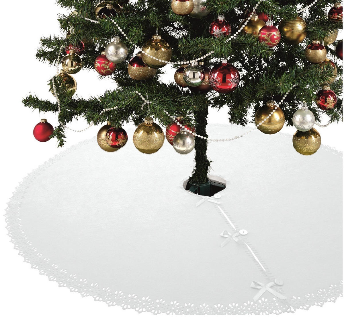 BAUMUNTERLAGE Weihnachtsbaum-Decke weiß 120 cm rund mit Knöpfen und Satin-Schleifen - Weiß, Textil (120/120cm) - wometo