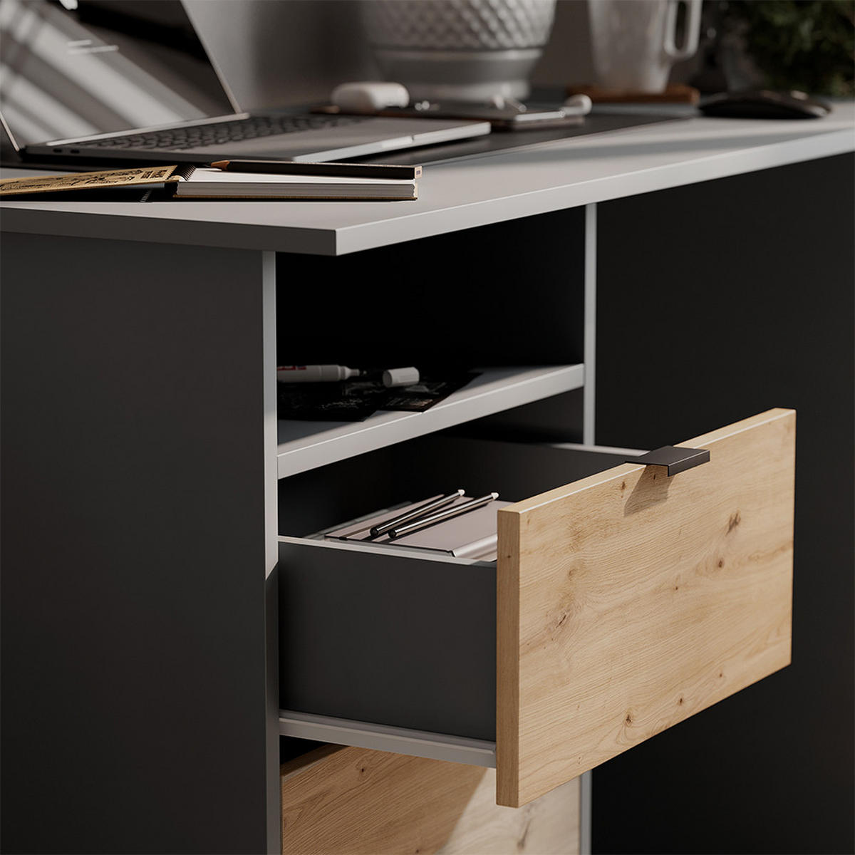 SCHREIBTISCH Meiko Anthrazit/Artisan 105 x 50 cm mit Schubladen - Anthrazit/Eiche Artisan, Holzwerkstoff (50/105/76.5cm) - Vicco