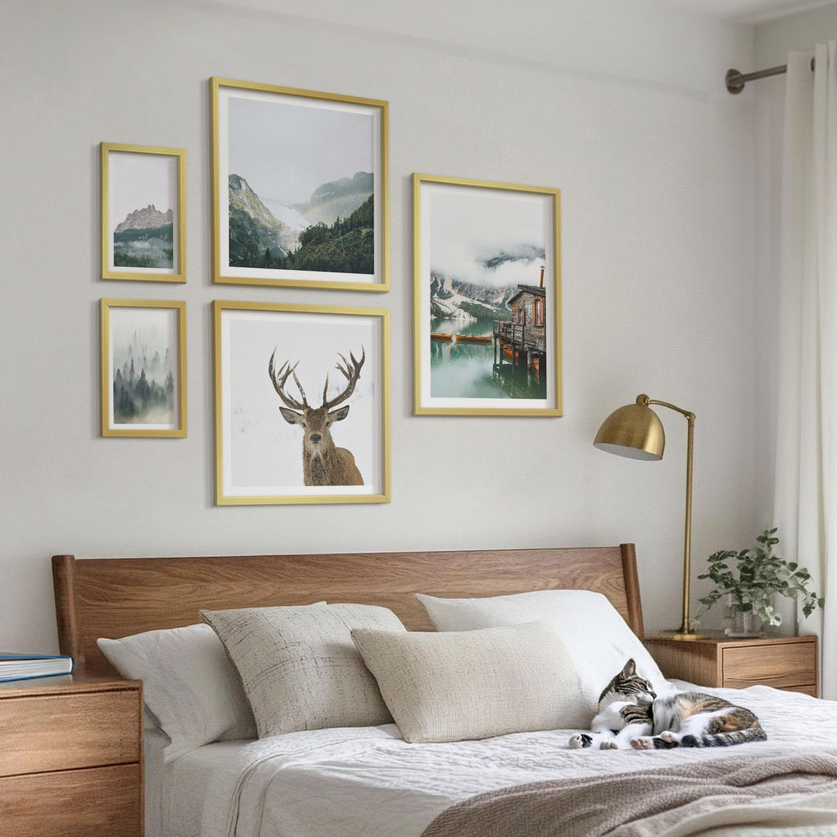 WANDBILDER 5er Set - 50x50 cm & 20x30 cm & 40x60 cm Goldrahmen - Berge, See, Hirsche, Hütte, Nebel - Goldfarben, Kunststoff (40/60cm) - ArtPrintCave