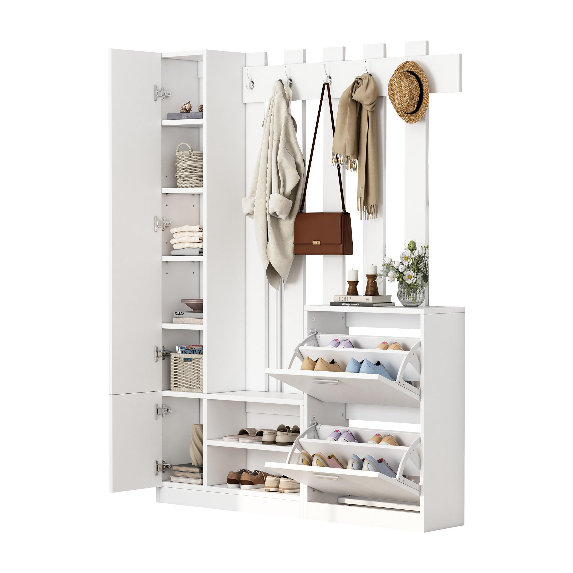 GARDEROBE mit Spiegel 5 Haken 2 Schuhschränken und Stauraum Weiß 135/25/180 cm - Weiß, Holzwerkstoff/Metall (135/180/25cm) - EVRYAE