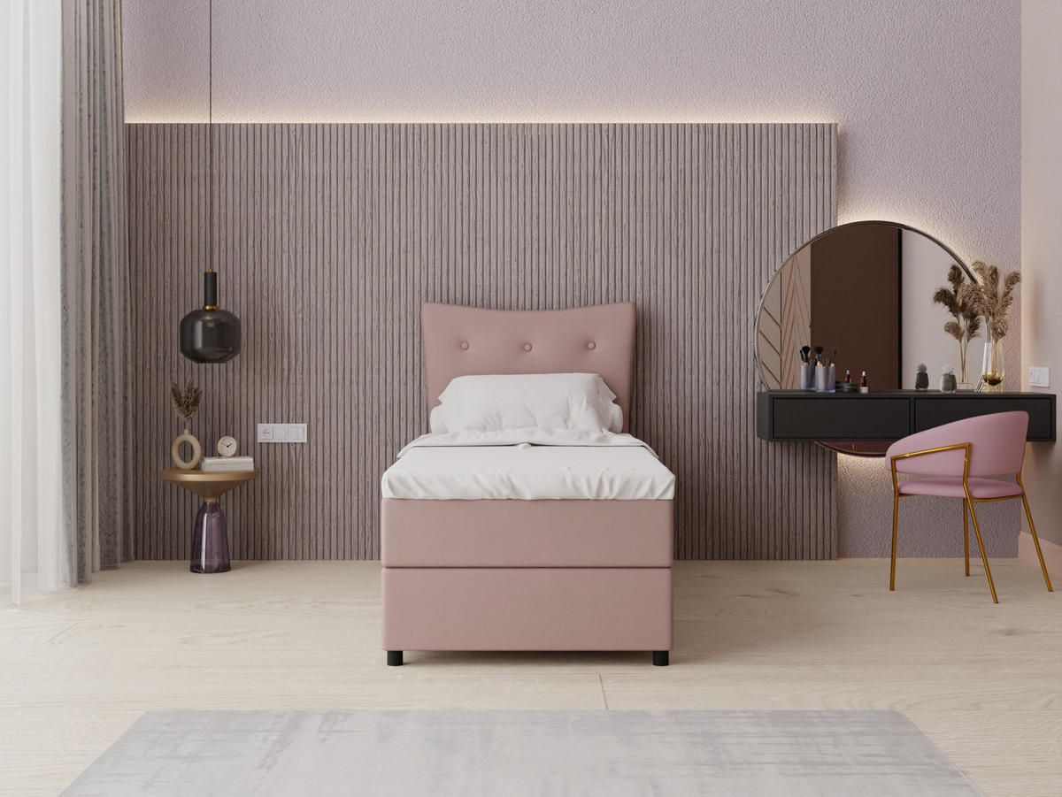 BOXBETT Nevada 90x200 cm Polsterbett mit hochwertiger Bonell-Matratze und Topper - rosa - Rosa, Holz (90/200cm) - Panda Möbel