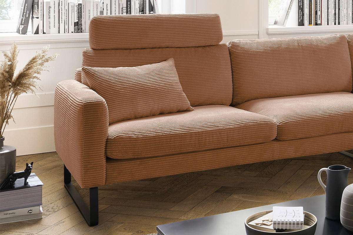 ECKSOFA RICARDA Braun Cord - Dunkelbraun/Schwarz, Textil/Metall (298/154cm) - KAWOLA