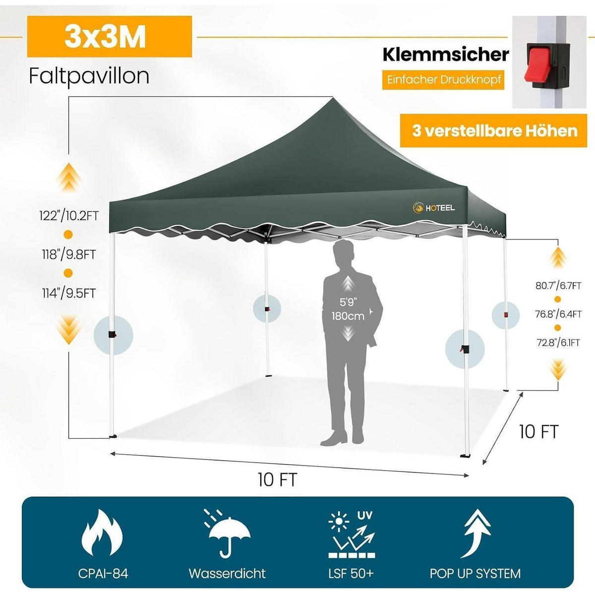 FALTPAVILLON 3x3m Grau mit Seitenwänden - Olivgrün, Textil (300/315/300cm)