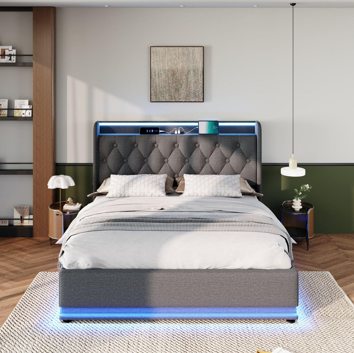 POLSTERBETT mit LED und Stauraum 160x200 cm Leinen Grey - Grau, Metall (160/200cm) - Meubliv