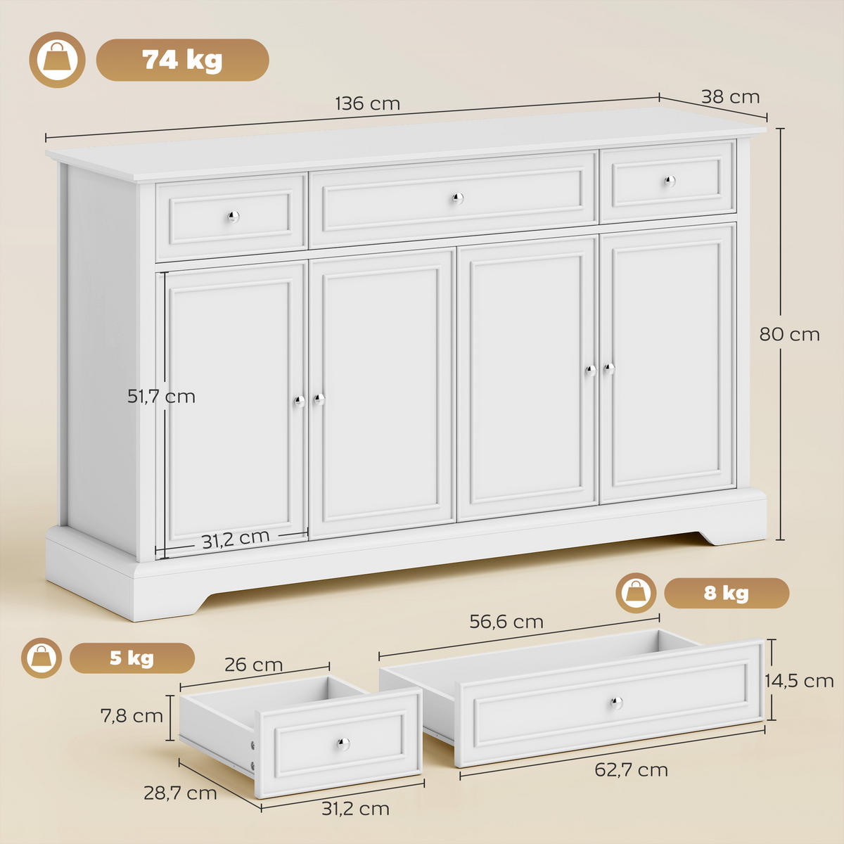 SIDEBOARD Weiß, 4 Türen, 3 Schubladen, 136/38/80 cm - Weiß, Holz (136/80/38cm) - PANGIVO