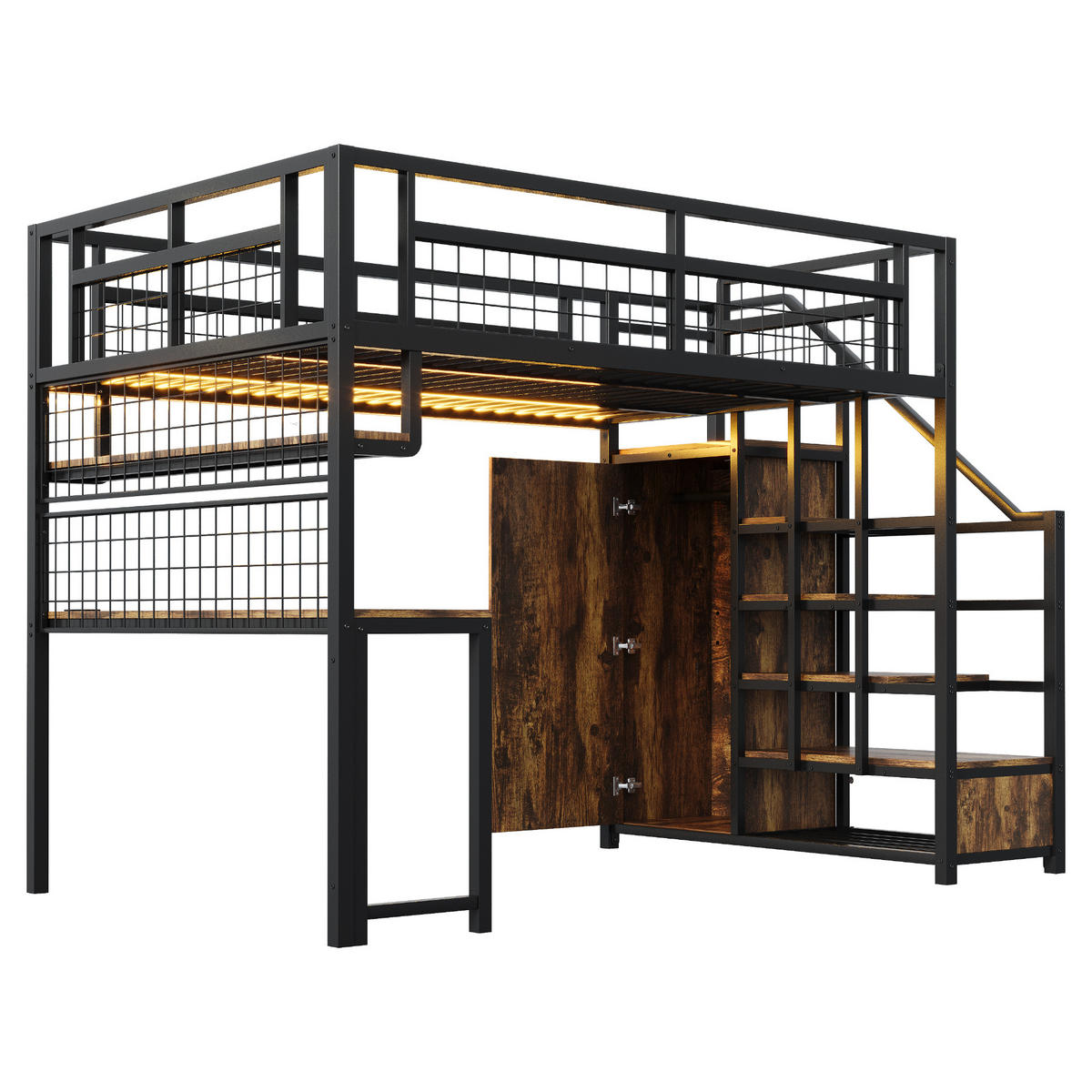 HOCHBETT 140/200 cm in Schwarz mit Stauraumtreppe, Kleiderschrank, Tisch und Steckdose - Schwarz, Holzwerkstoff/Metall (140/200cm) - WISHDOR