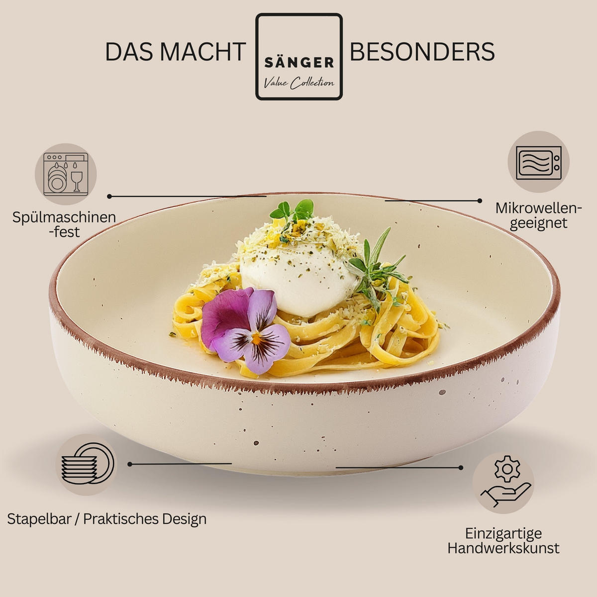 PASTASCHALEN BOMBAY MOONLIGHT - 4 teilig aus Steingut - Creme/Grau, Stein (20.5cm) - Sänger