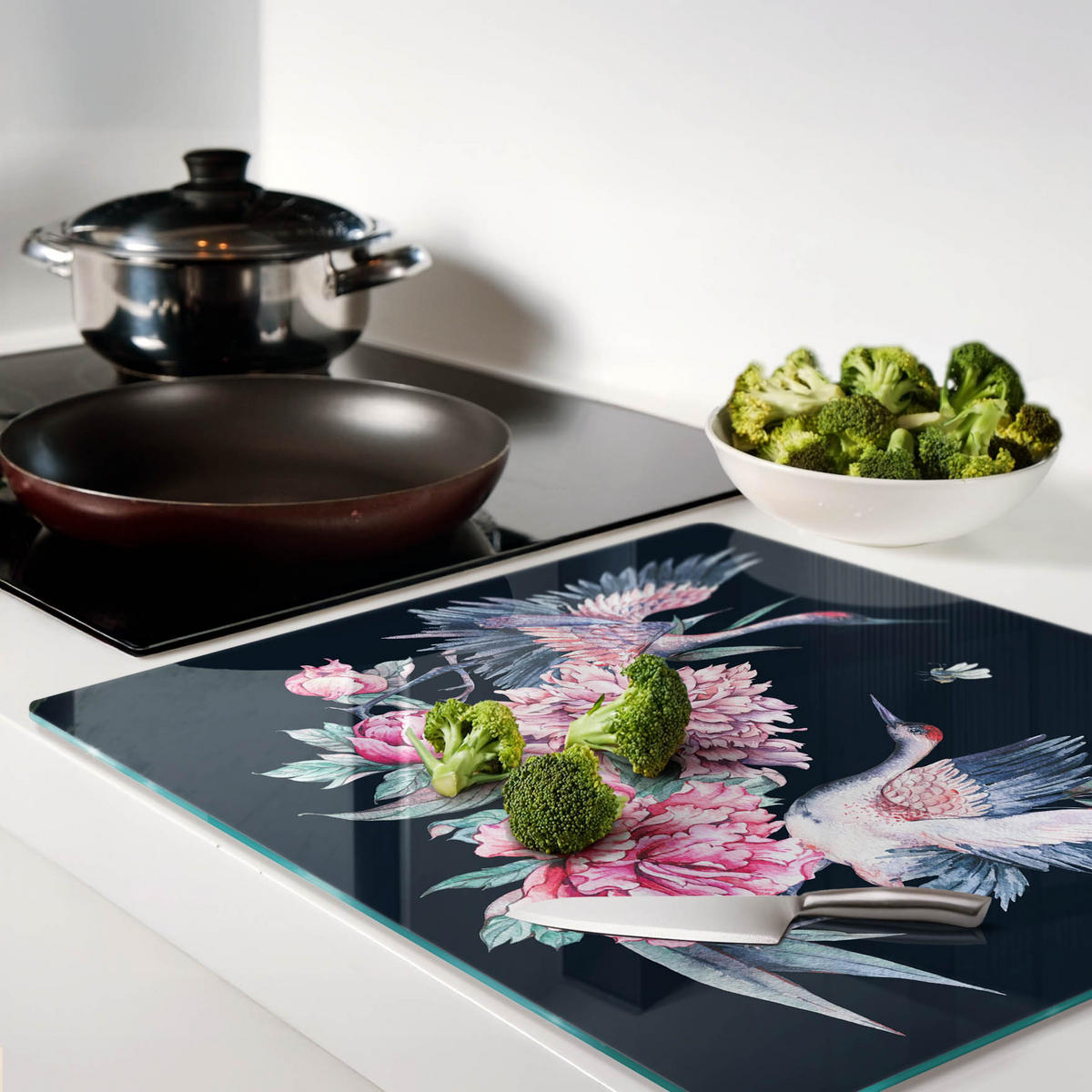 GLASPLATTE 60x52 cm Kraniche Pfingstrosen - Braun, Glas (60/0.4/52cm) - TULUP