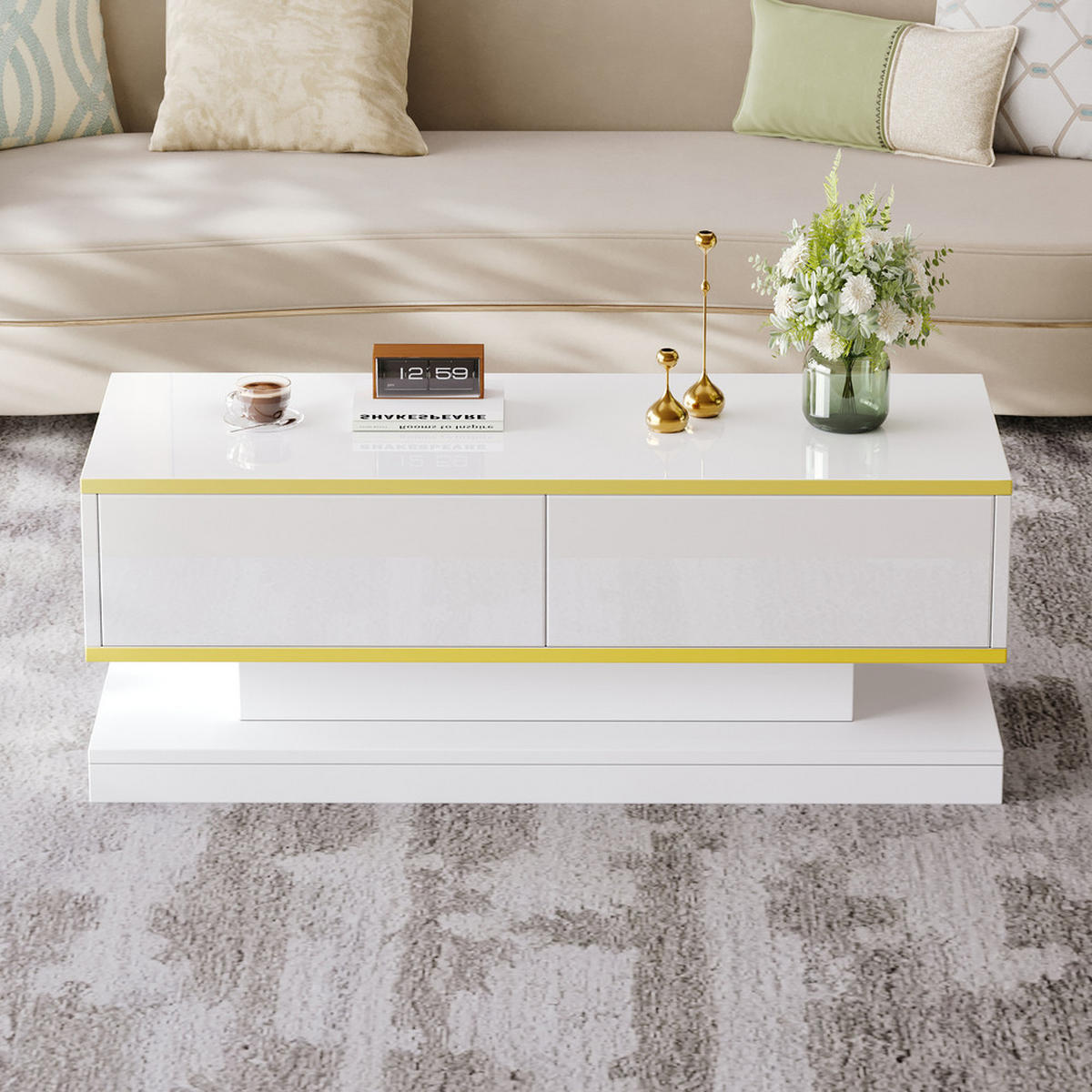 COUCHTISCH 100x50cm Hochglanz 2 Schubladen Warmweiß Gold Rand Einzigartig - Weiß, Holz (112.5/59.18/14.2cm) - FLIEKS