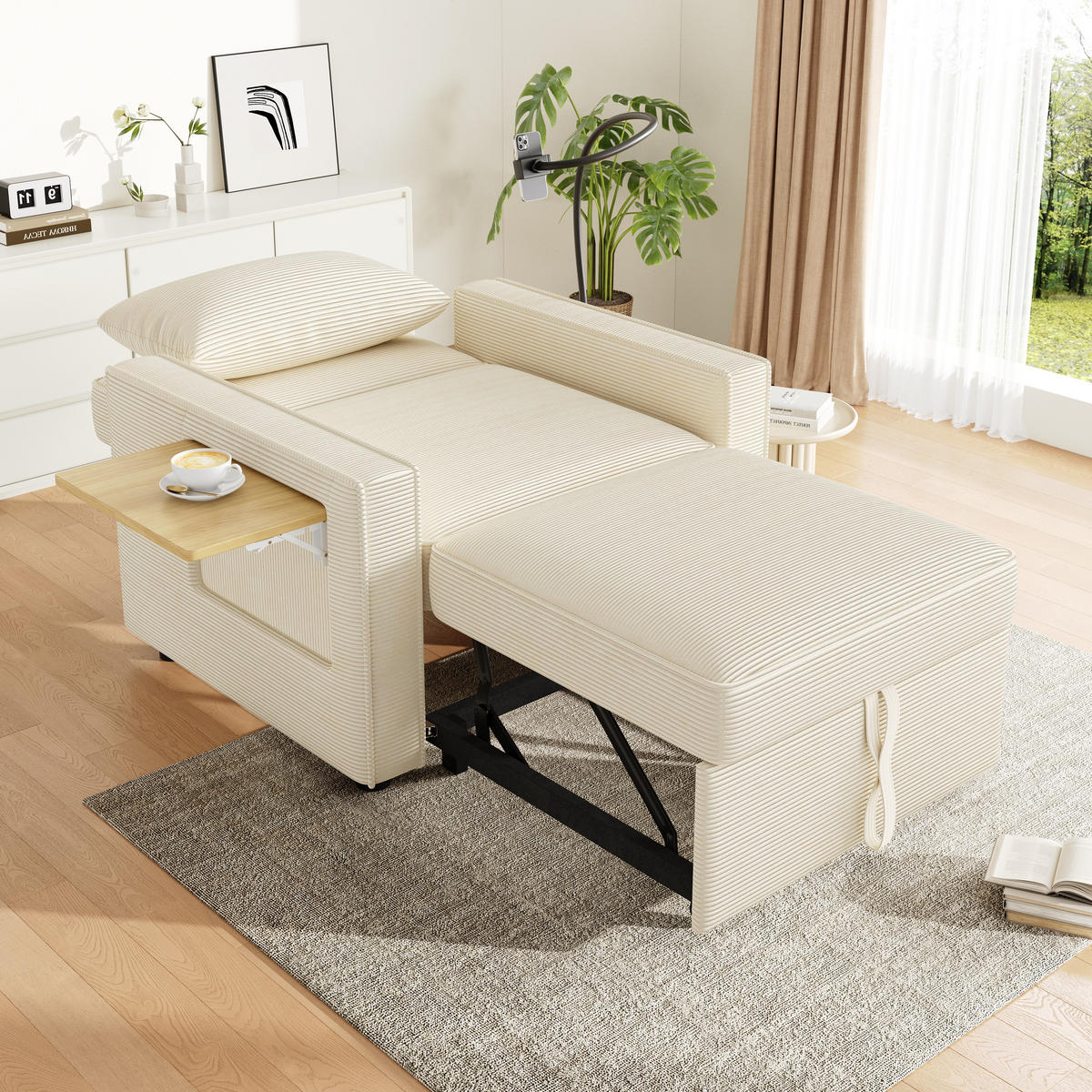 SCHLAFSOFA Multifunktionales mit USB-Anschluss und Handyhalter Cord Beige 93/150/85 cm - Beige, Textil (93/85/150cm) - OKWISH