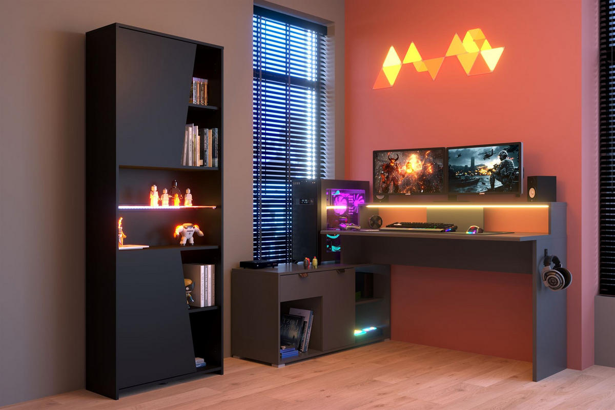 GAMING Schreibtisch Parisot Work 2-tlg. Holznachbildung Grau/Schwarz - Schwarz/Grau, Kunststoff (200/100/95cm) - 58aufmkessel