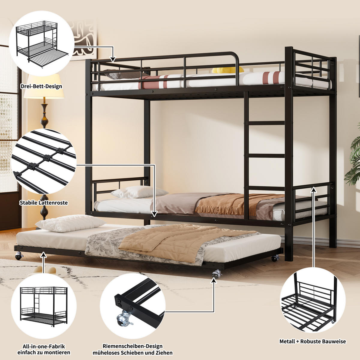 ETAGENBETT 90/200 cm Schwarz aus Metall mit Ausziehbett - Schwarz, Metall (90/190cm) - OKMYHOME
