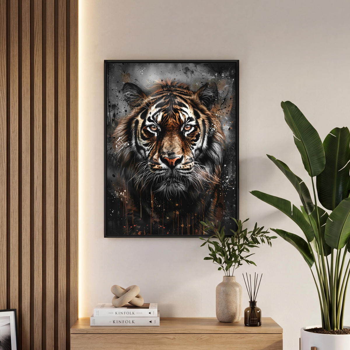LEINWAND Bilder mit Rahmen - Tiger - Tiere - Porträt - Luxus - Schwarz - 50x70 - Braun, Textil (50/70cm) - MuchoWow