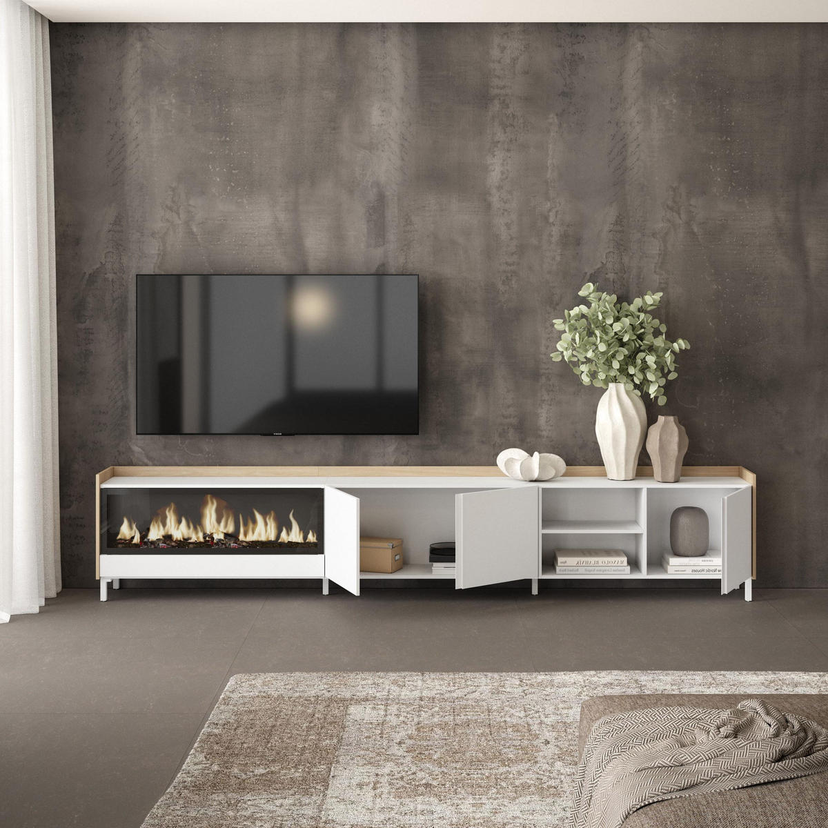 LOWBOARD, Weiß und Eiche, 315/35/61cm, Kamin mit Feuereffekt XXL - Weiß, Holzwerkstoff (315/61/35cm) - Skraut Home