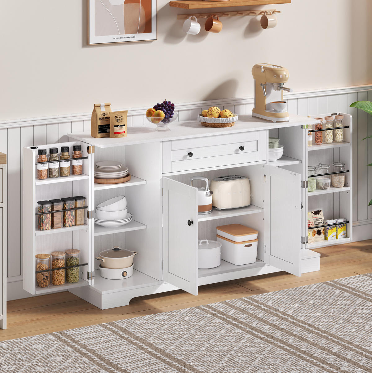 SIDEBOARD aus MDF 138x40x85 cm Weiß mit Schublade, verstellbaren Einlegeböden und Kippsicherung - Weiß, Holzwerkstoff (138/85/40cm) - Modfu