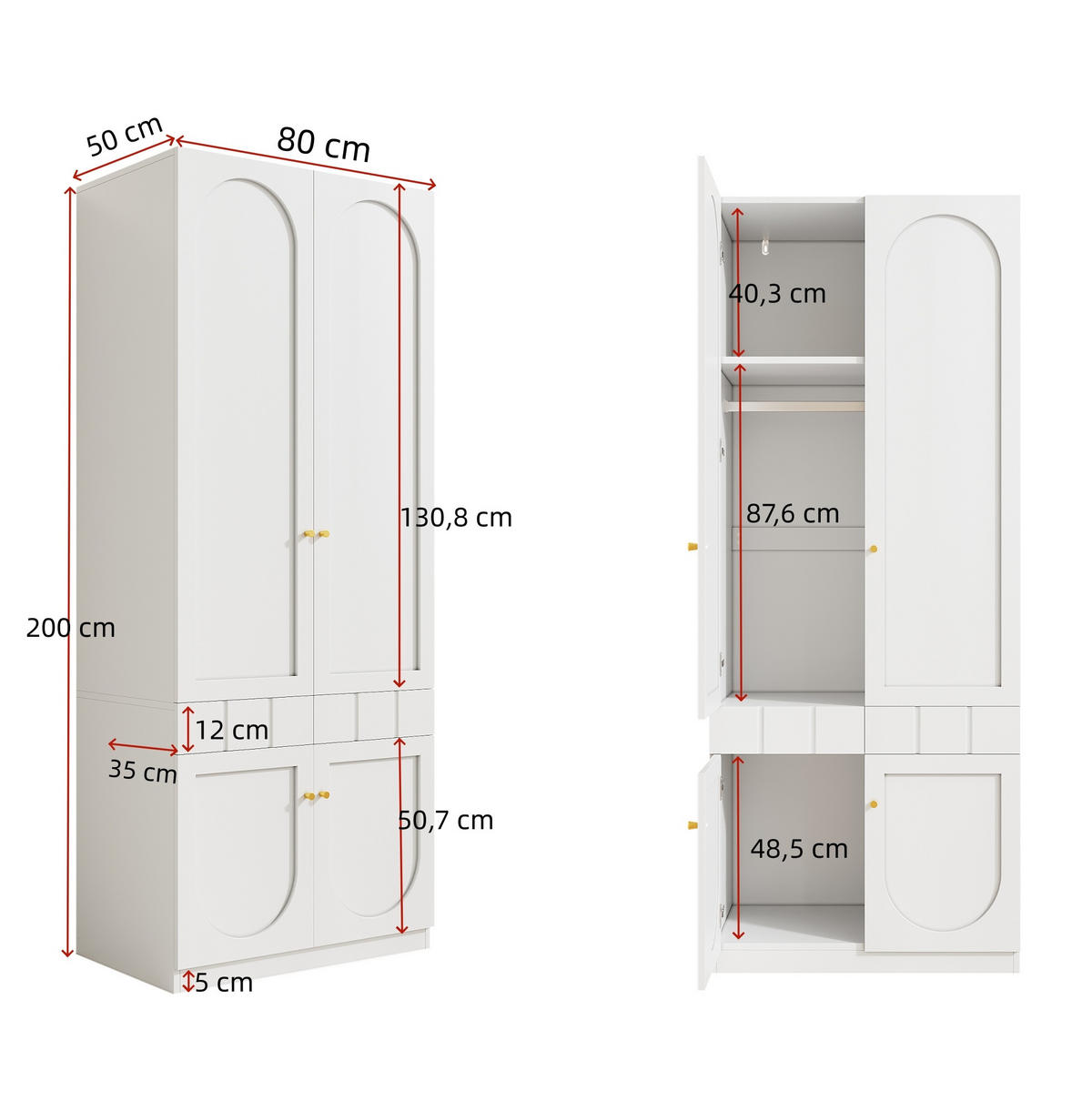 KLEIDERSCHRANK 80/200/50 cm Weiß aus MDF mit Schubladen - Weiß, Holzwerkstoff (50/200/80cm) - OKMYHOME