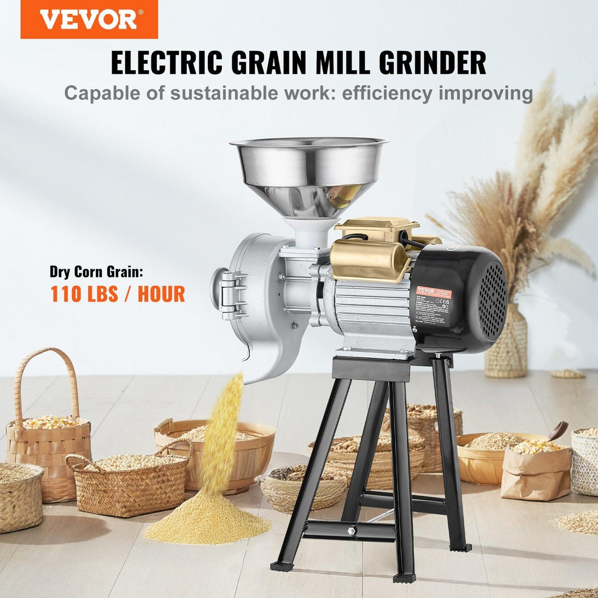 ELEKTRISCHE Getreidemühle 3000W, gewerbliche Maismühle mit Trichter, Edelstahl - Silberfarben, Metall (32/34.01/77.01cm) - Rolipo