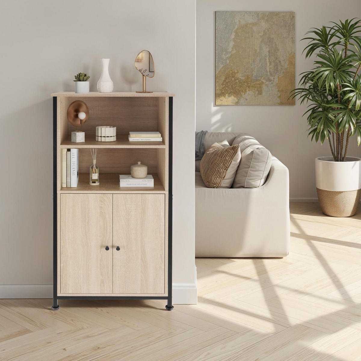 HIGHBOARD Doncaster,mit höhenverstellbaren Füßen, 60 x 38 x 125 cm,Industrial Holz hell, Eiche Sonoma - Naturfarben, Holzwerkstoff (38/125/60cm) - tectake