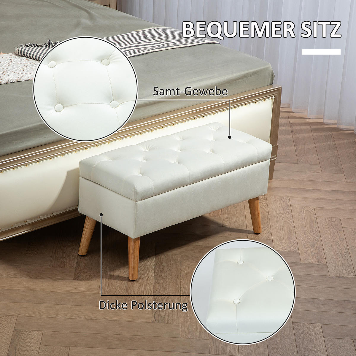SITZBANK mit Stauraum, Polsterbank mit Deckel, Bettbank mit Samtoptik Weiß - Weiß, Kunststoff (35/40/80cm) - HOMCOM