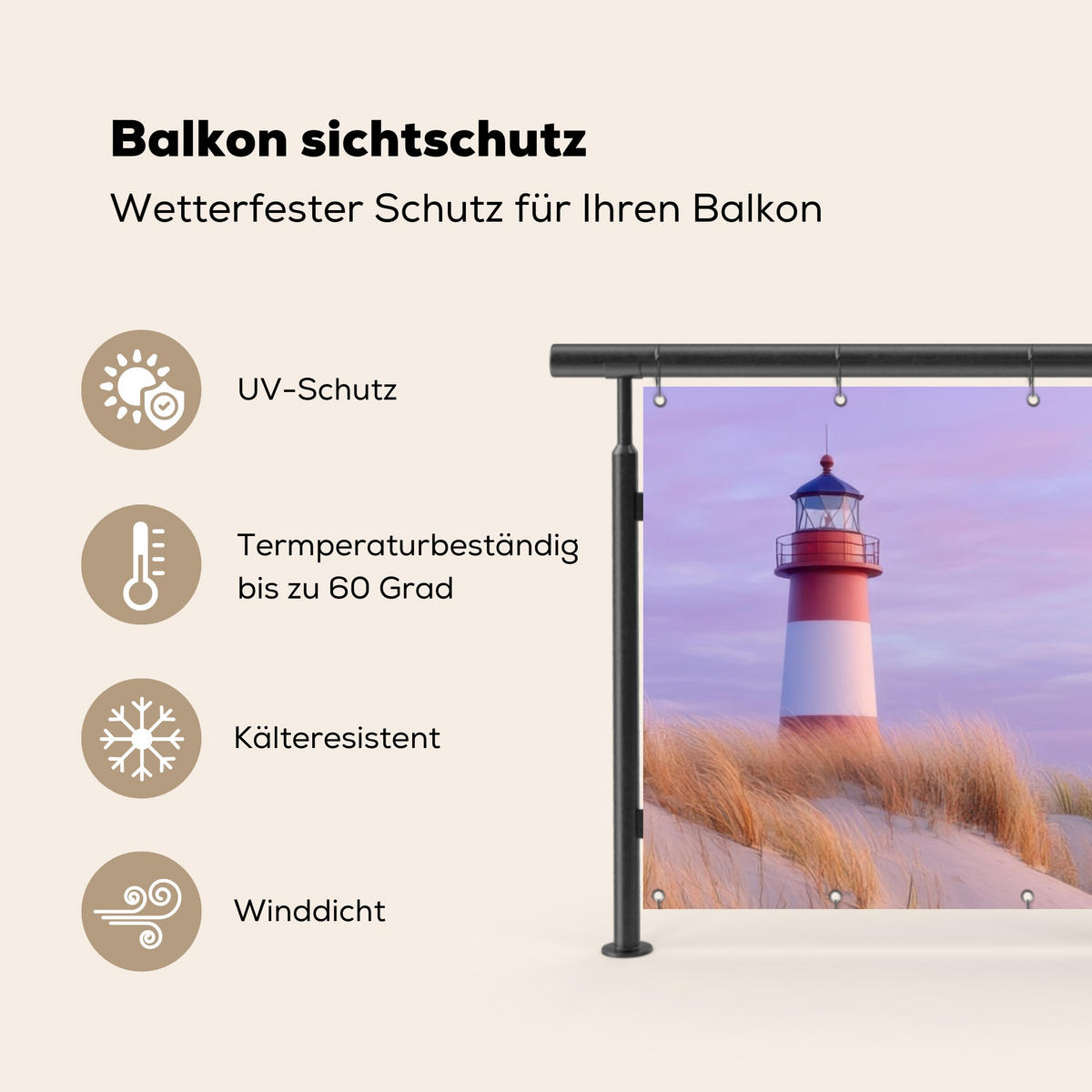 BALKON-SICHTSCHUTZ Leuchtturm - Dünen - Sonnenuntergang 300x110 cm - Hellrosa, Kunststoff (300/110cm) - MuchoWow