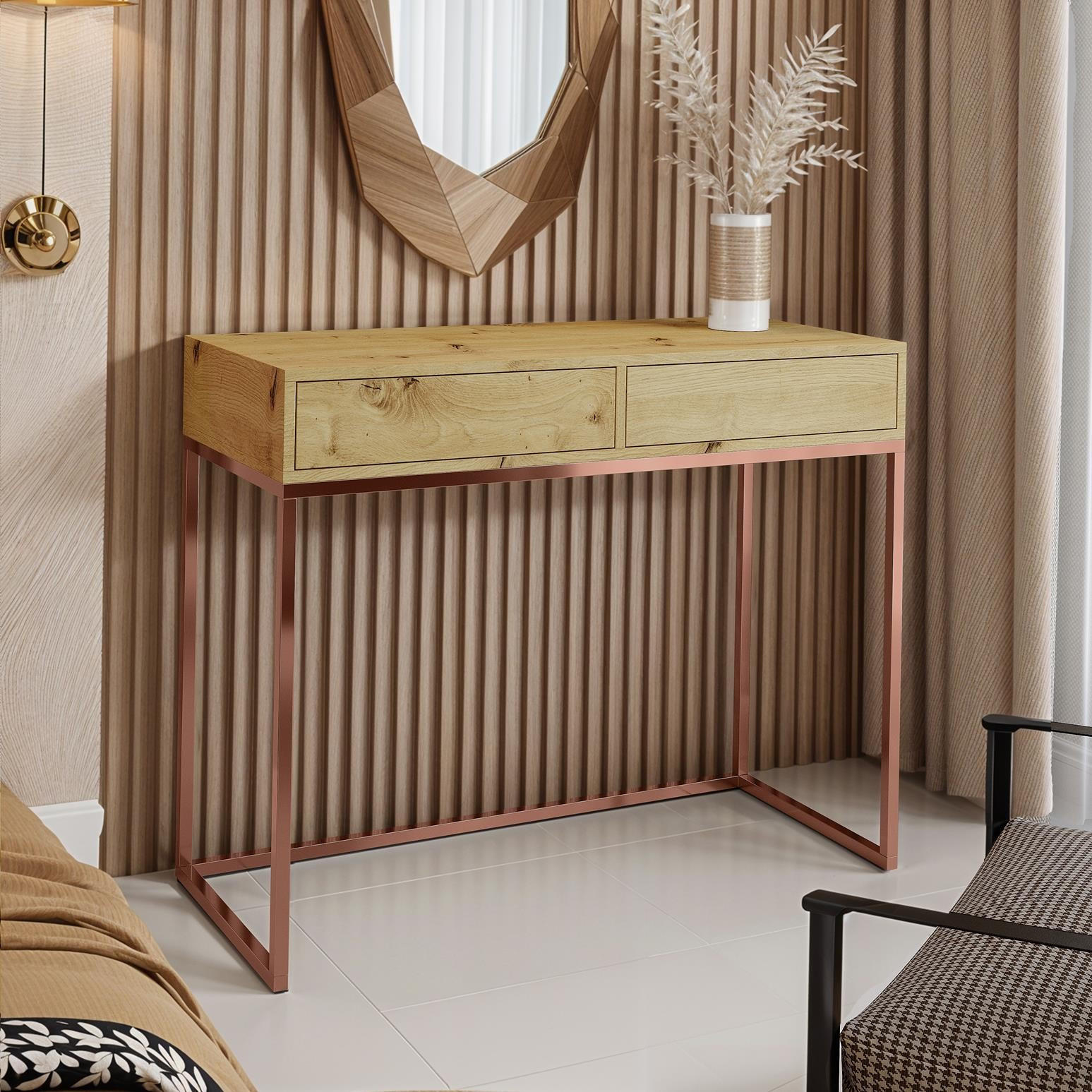 Thumbnail - Bettso Schminktisch, Kupfer, Eiche Wotan, Holzwerkstoff, Metall, 2 Schubladen, Rechteckig, 80x80x35 cm, Wohnzimmer, Wohn...