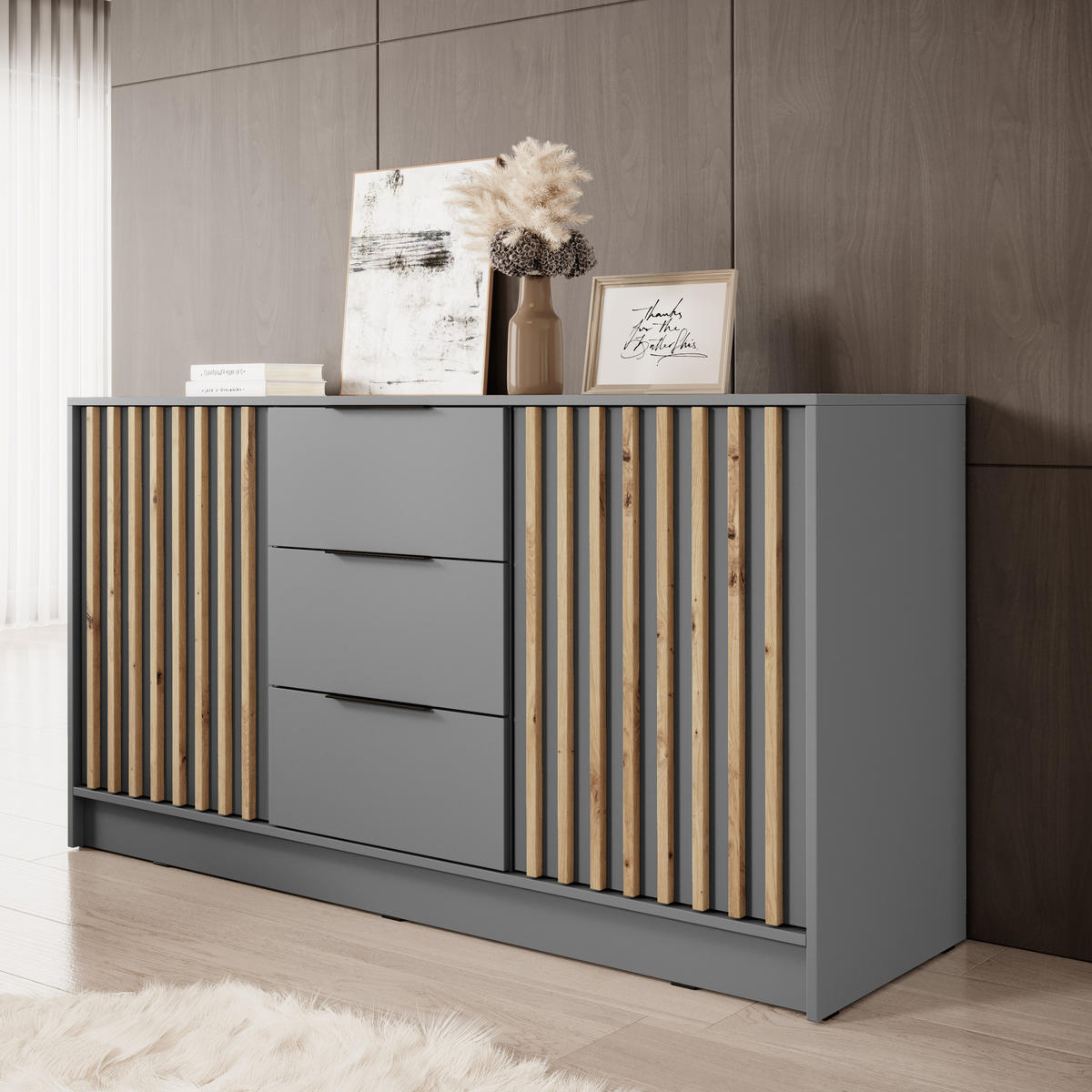 KOMMODE Stilo 155 cm in Grau + Lamellen aus Artisan-Eiche - Schwarz/Eiche Artisan, Holzwerkstoff/Kunststoff (155/86/45cm) - Ravio