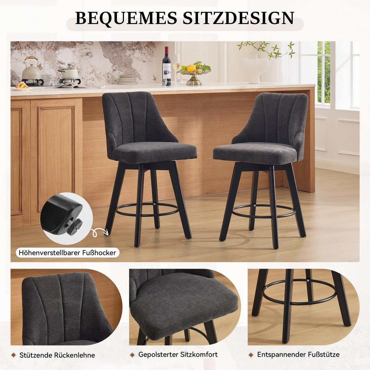 BARHOCKER 2er-Set Grau - Grau, Naturmaterialien (53/94.5/53.5cm)