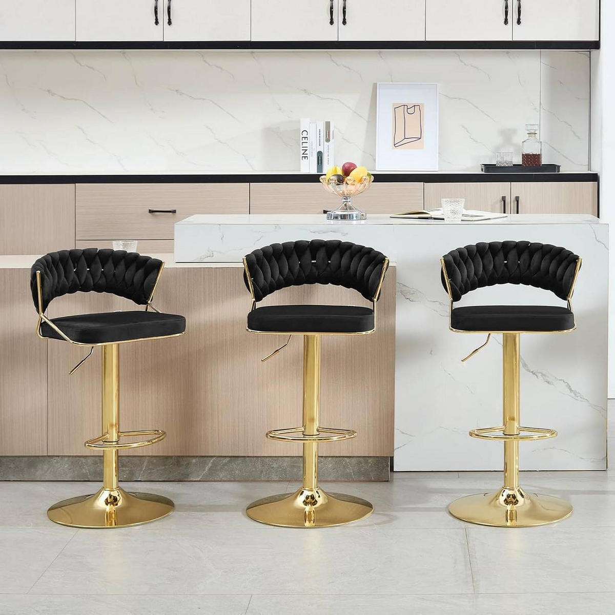BARHOCKER 4er Set, mit geflochtener Rückenlehne, Samt, Schwarz - Goldfarben/Schwarz, Textil/Metall (48/83/46.5cm) - Woltu